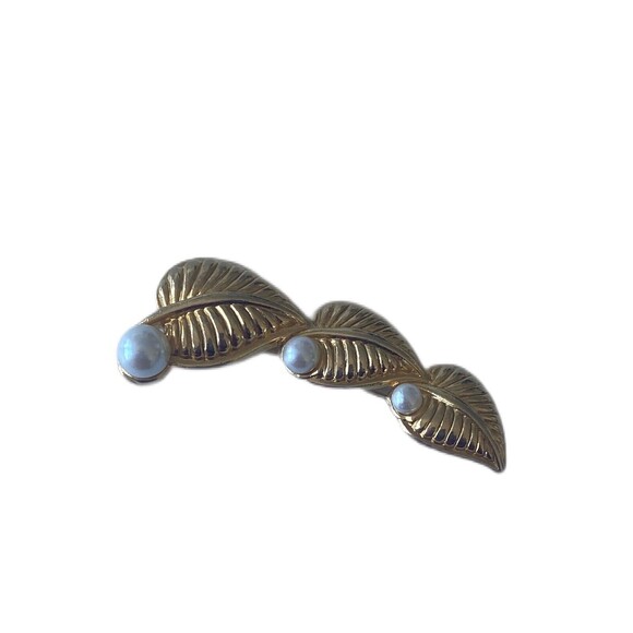 Vintage Brooch Pin Gold Plated Metal Leaves Design  Faux Pearl Unbranded 1980's - Picture 2 of 7